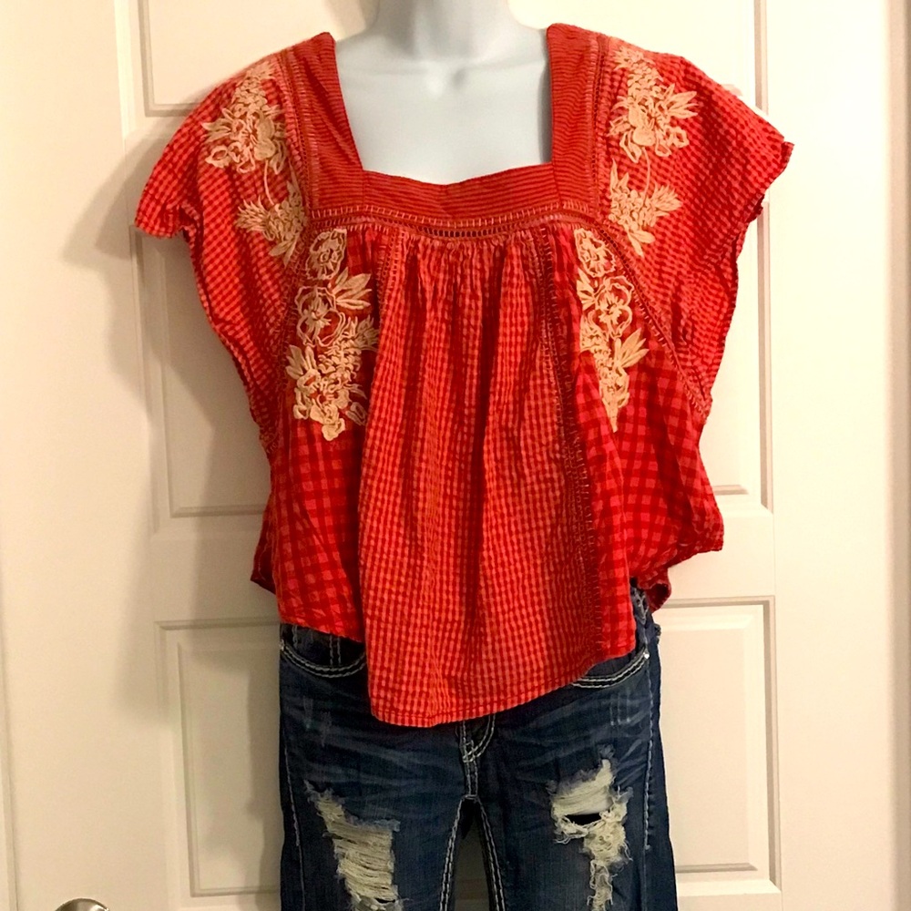 COPY - FREE PEOPLE (We the Free) Half Moon Pink Red Check Gingham Boho Embroide…